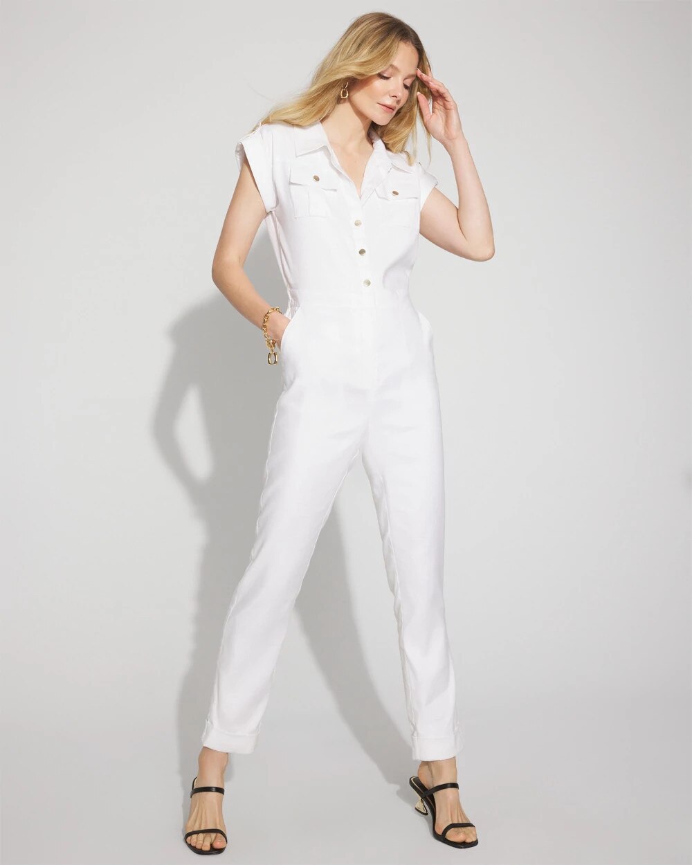 Linen-Blend Short-Sleeve Utility Jumpsuit | White House Black Market